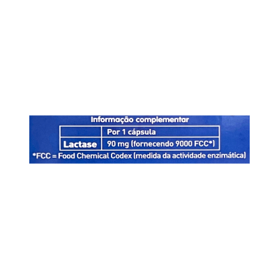 Etiqueta azul com informação nutricional sobre lactase em cápsulas