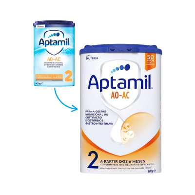 Lata de leite Aptamil AO-AC 2 para bebés, embalagem branca, azul e laranja, 800g
