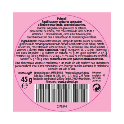 Etiqueta rosa de pastilhas Pulmoll com texto informativo e código de barras