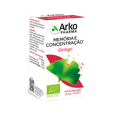 Caixa branca de suplemento Arko Pharma com imagem de folha verde e texto Memória e Concentração Ginkgo