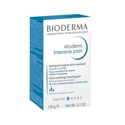 Embalagem de sabonete Bioderma Atoderm Intensive Pain em caixa branca e azul.