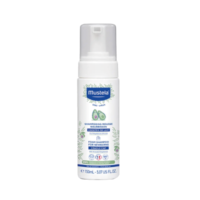 Frasco de shampoo mousse para recém-nascidos Mustela com doseador e decoração de abacate