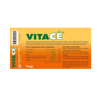Etiqueta do suplemento Vitacê com texto e tabela de ingredientes em fundo laranja.