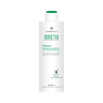 Frasco branco BIRETIX gel de limpeza purificante para pele com tampa verde
