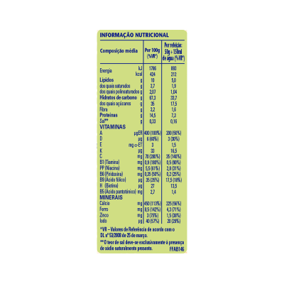 Etiqueta nutricional com tabela detalhada em português.