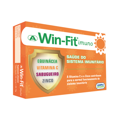 Embalagem laranja do suplemento Win-Fit imuno para saúde do sistema imunitário