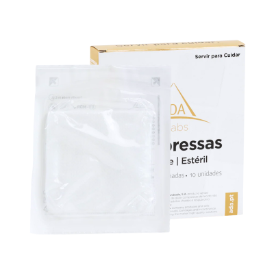 Compressas de gaze estéreis embaladas individualmente com caixa branca e detalhes dourados