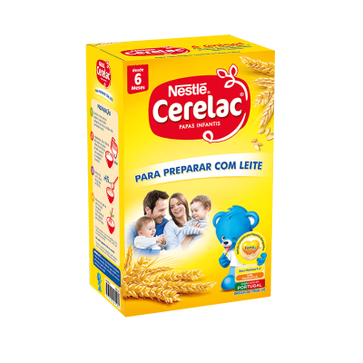 Embalagem amarela de Papa Infantil Nestlé Cerelac com texto e imagens de família e ursinho azul