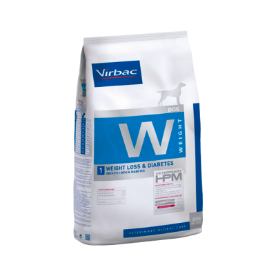 Saco de ração Virbac para cães, branco e azul, com texto sobre perda de peso e diabetes