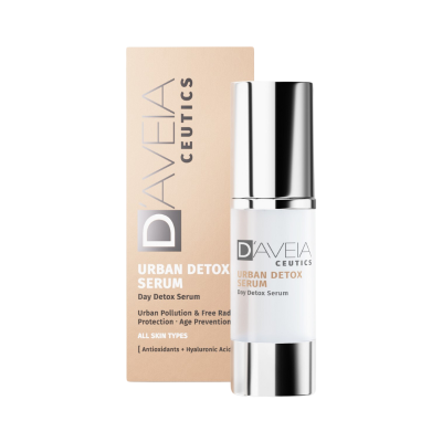 DAVEIA CEUTICS Urban Detox Serum frasco branco com tampa metálica e caixa bege