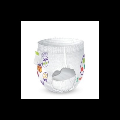 Fralda-calça infantil com padrão de frutas coloridas e etiqueta amarela e branca