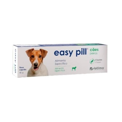 Caixa de alimento específico para cães 'easy pill' com imagem de cachorro e texto em português.