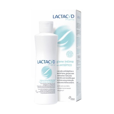 Frasco branco e embalagem de Lactacyd Pharma produto de higiene íntima com texto azul e cinza