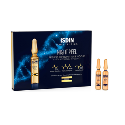 Embalagem azul escuro do ISDIN Night Peel com dois frascos amarelos dourados visíveis