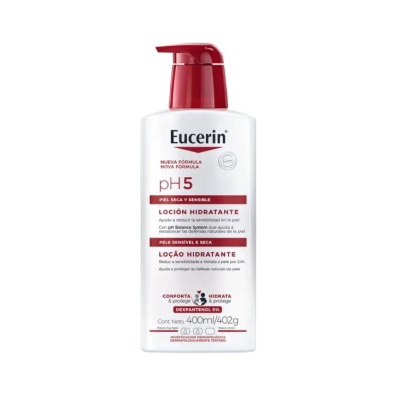 Frasco branco com doseador vermelho de loção hidratante Eucerin pH5 para pele seca e sensível