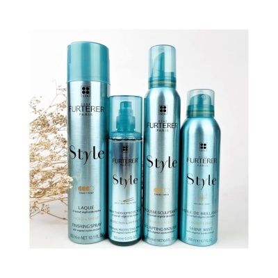 Conjunto de produtos para cabelo René Furterer Style em frascos metálicos azuis