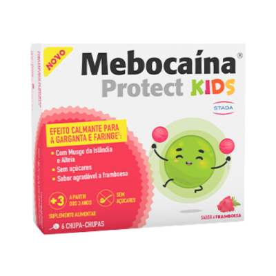 Embalagem de suplemento alimentar Mebocaína Protect KIDS sabor framboesa com 6 chupa-chupas