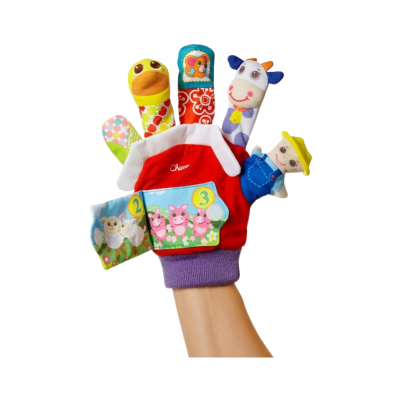 Luvas coloridas para brincadeiras infantis com personagens de tecido