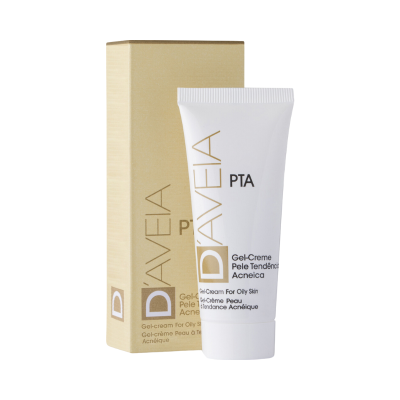 Gel-creme DAVÉIA PTA para pele acneica com embalagem branca e caixa dourada