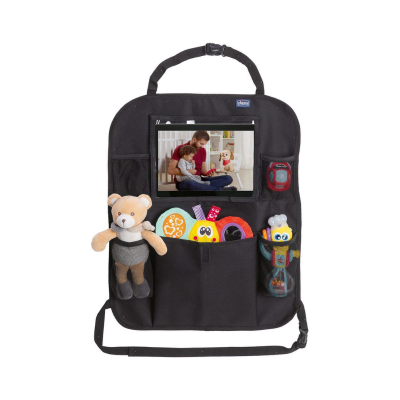 Organizador preto para carro com brinquedos coloridos e ursinho de peluche