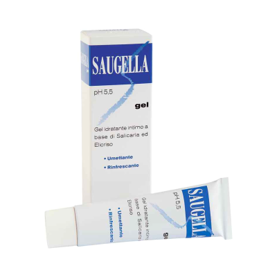 Gel hidratante íntimo Saugella em tubo branco com texto azul e preto