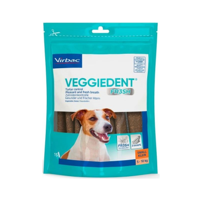 Embalagem azul e branca de ração para cães Virbac VEGGIEDENT FRESH para cães pequenos