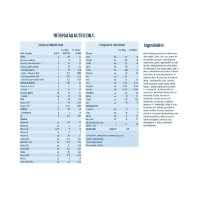 Tabela de informação nutricional e ingredientes em português com valores nutricionais e lista de ingredientes