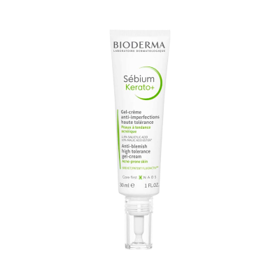 Tubo branco de gel-creme Bioderma Sébium Kerato+ para pele com tendência acnéica,