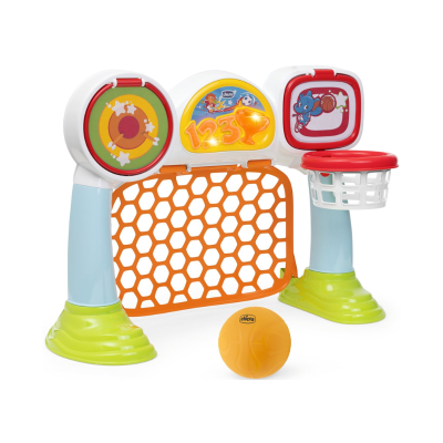 Brinquedo infantil de plástico com alvo, rede e aro de basquetebol, bola amarela