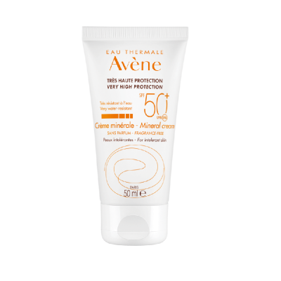 Frasco branco de creme mineral Avène SPF 50 50 ml