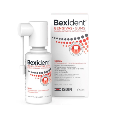 Frasco e caixa do spray Bexident Gengivas, 40 ml, branco com texto e padrão de pontos vermelho e cinza.