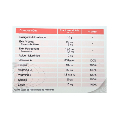Tabela de composição nutricional de suplemento com colagénio e vitaminas em saqueta.
