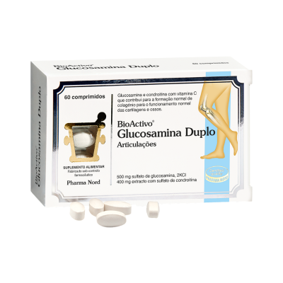 Caixa branca de suplemento BioActivo Glucosamina Duplo e comprimidos ovais brancos