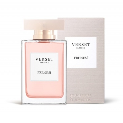 Frasco de perfume rosa claro Verset Parfums Frenesí junto à caixa cinza clara.