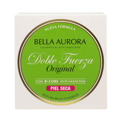 Embalagem do creme Bella Aurora para pele seca com rótulo verde e detalhes dourados