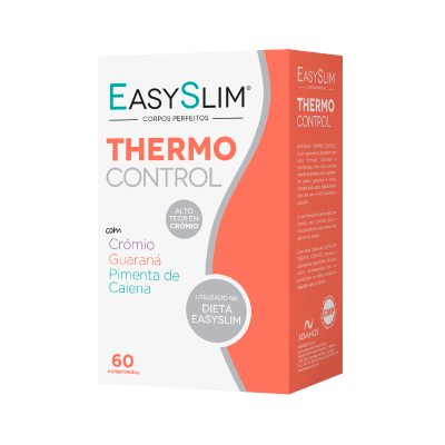 Caixa do suplemento EASYSLIM THERMO CONTROL com design branco, laranja, texto colorido e indicação de 60 comprimidos