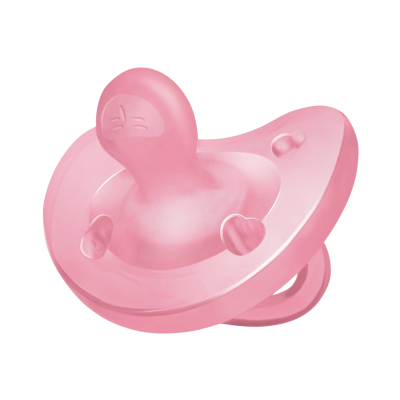Chupeta rosa translúcida com bico ortodôntico e corações no escudo