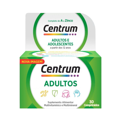 Caixa verde e branca de suplemento multivitamínico Centrum Adultos com texto e ícones coloridos