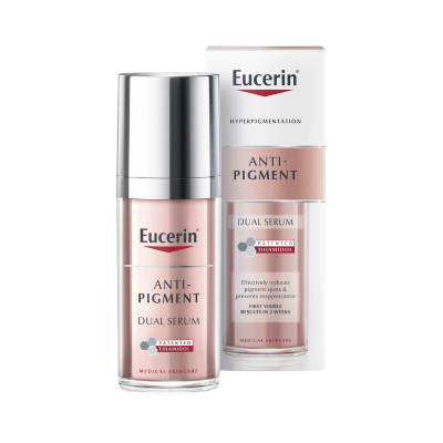 Sérum duplo Eucerin Anti-Pigment com frasco rosa claro e tampa prateada