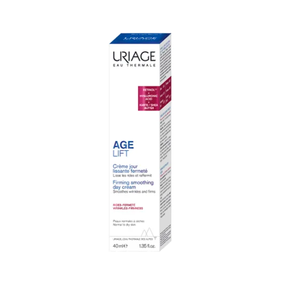 Caixa creme Uriage Age Lift, 40ml, branco com azul e rosa, texto em francês e inglês