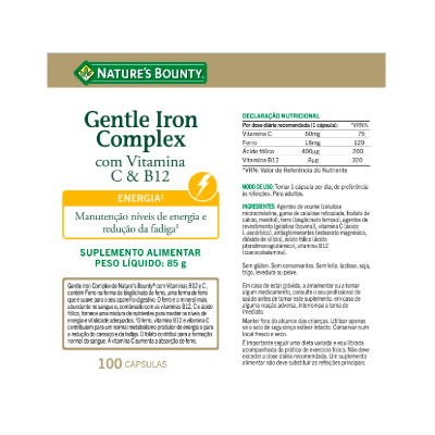 Embalagem de suplemento alimentarl Natures Bounty Gentle Iron Complex com Vitaminas C e B12