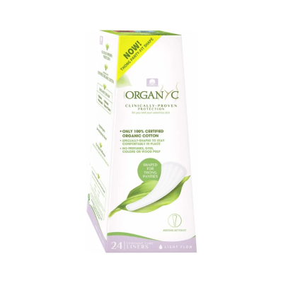 Embalagem branca de forros femininos Organyc com texto e imagem de folha e forro