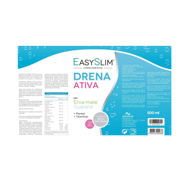 Etiqueta de suplemento alimentar EasySlim Drena Ativa 500 ml com erva-mate e guaraná