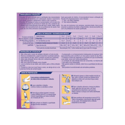 Instruções e tabela de dosagem para fórmula infantil Novalac AO, fundo lilás, texto em português