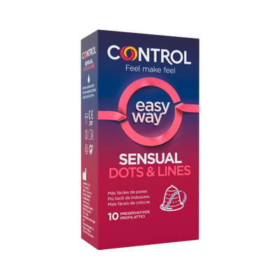 Embalagem azul e rosa de preservativos Control Sensual Dots & Lines com texto e ícone de preservativo