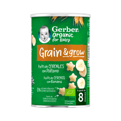 Embalagem verde de snacks para bebé de cereais com banana da marca Gerber