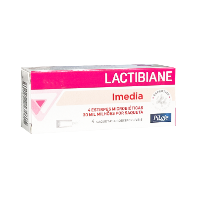 Embalagem de suplemento probiótico LACTIBIANE Imedia com texto e cores rosa e branco.