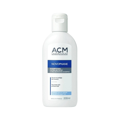 Frasco branco de shampoo ACM NOVOPHANE 200 ml texto em francês e inglês