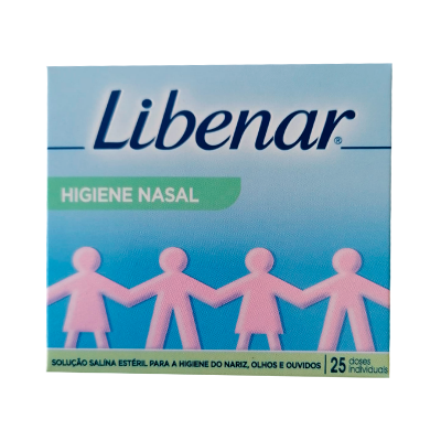 Embalagem Libenar para higiene nasal com doses individuais e figuras humanas cor-de-rosa