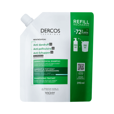 Saco de recarga de champô dermatológico Dercos Technique, 390 ml, branco e verde.